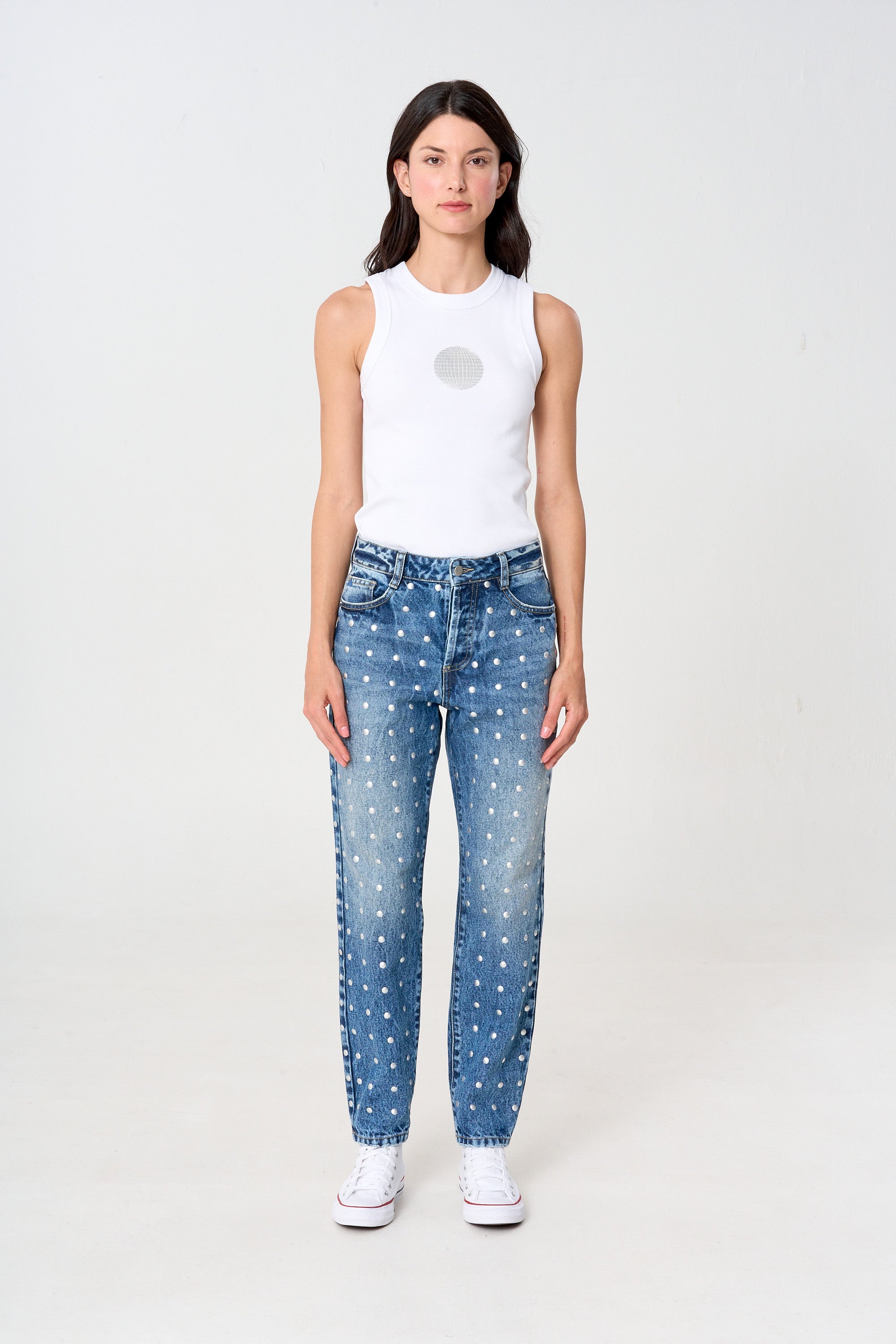 jeans mom azul para mujer con taches, suelto
